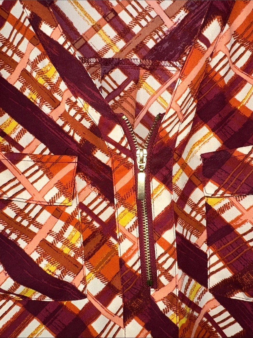 Cato Plaid 1/4 Zip Front Blouse in Orange & Brown Size XL - Picture 4 of 6